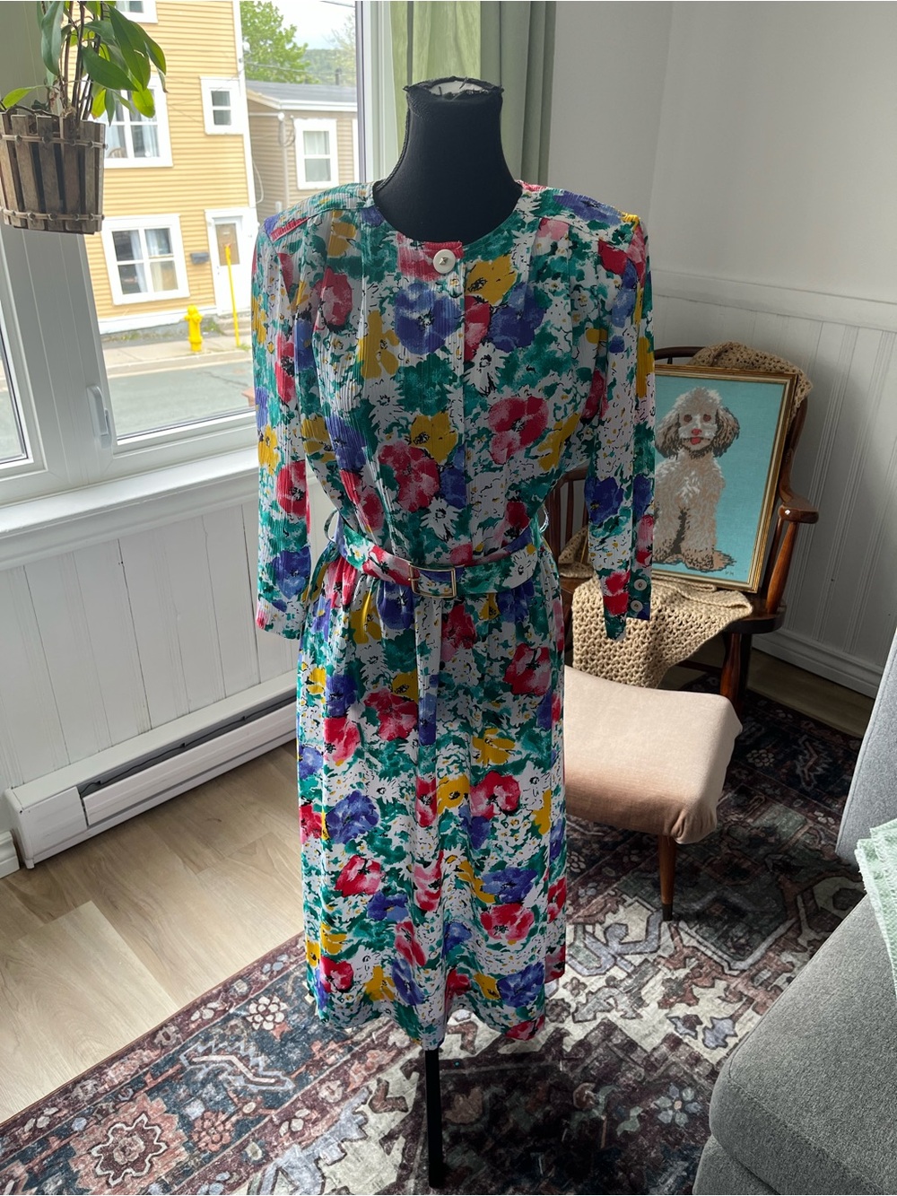 Women’s Vintage Floral Midi Dress in Multi Color removable belt summer M